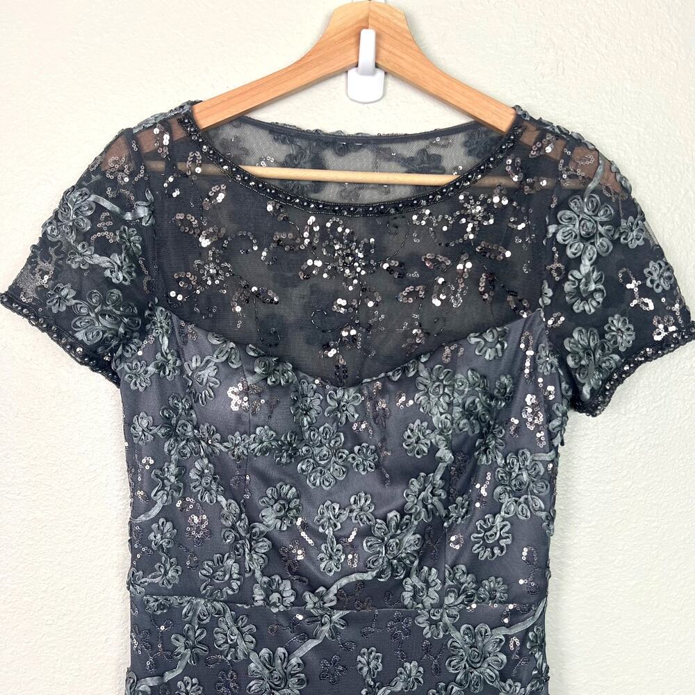 Sue Wong Nocturne Size 8 Short Sleeve Sheath Silver Sequin Cocktail Dress - Picture 3 of 13